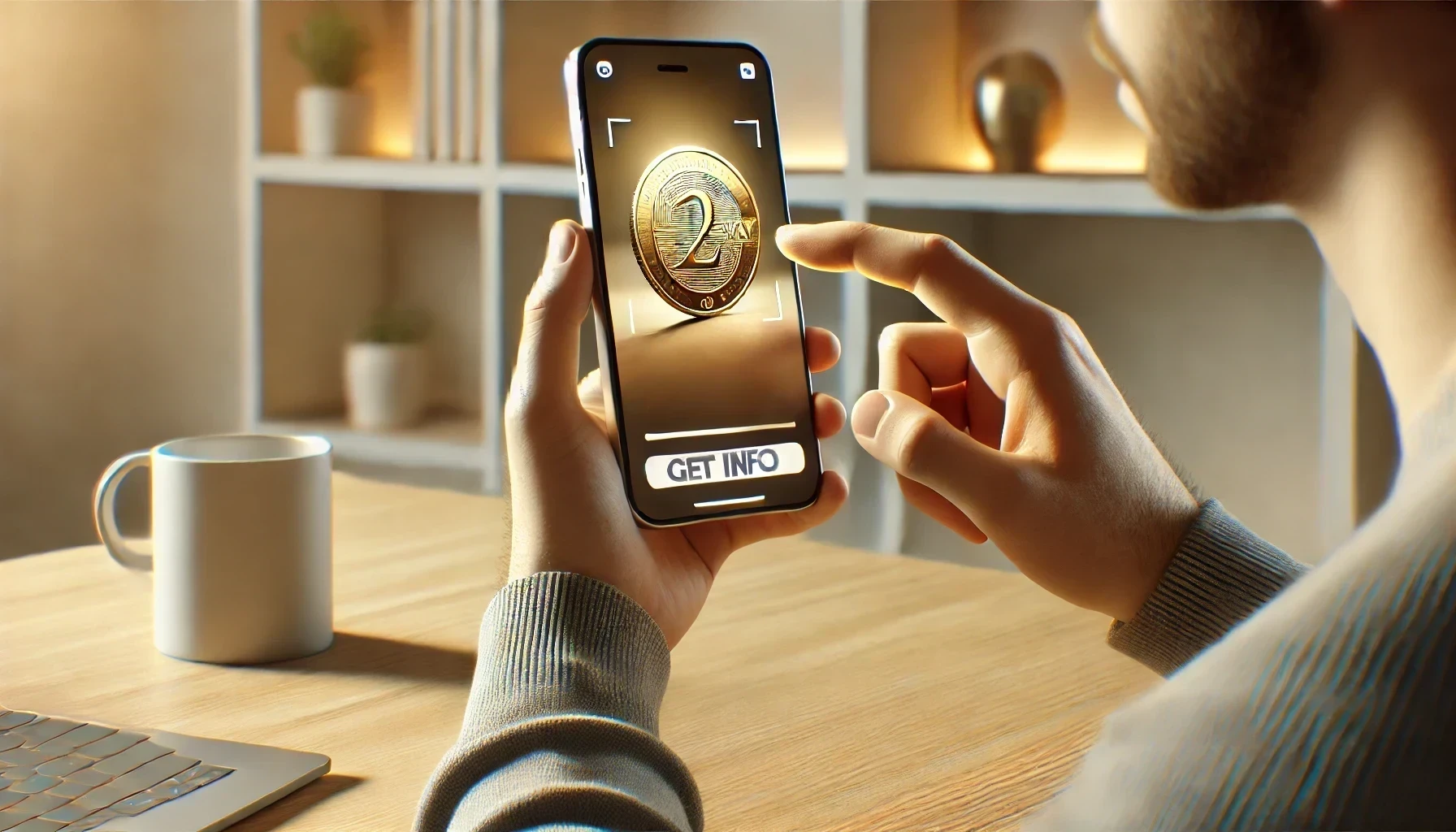 A man is using a smartphone app to receive detailed coin information due to a coin identification app.