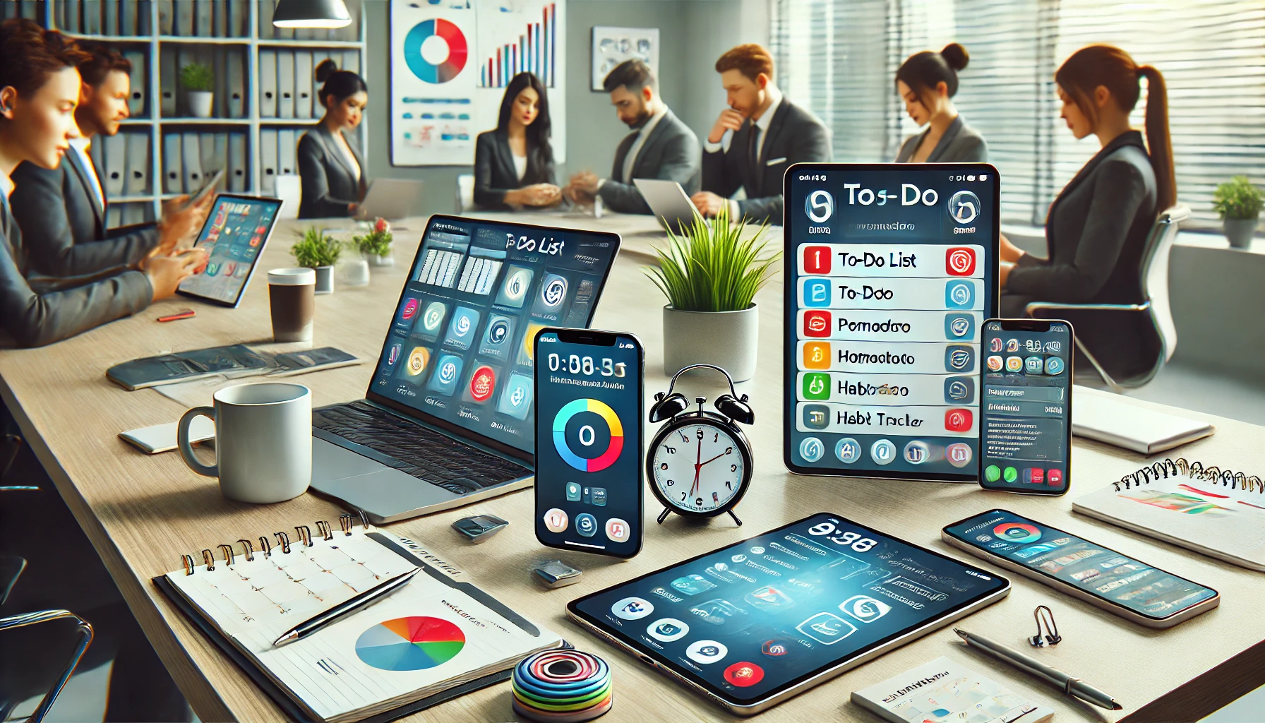 a modern workspace with a smartphone and tablet on a sleek desk. The devices display task management apps like a to-do list, Pomodoro timer, and habit tracker on vibrant screens. The background includes a neat office setting with motivational elements like a calendar and coffee cup, emphasizing productivity