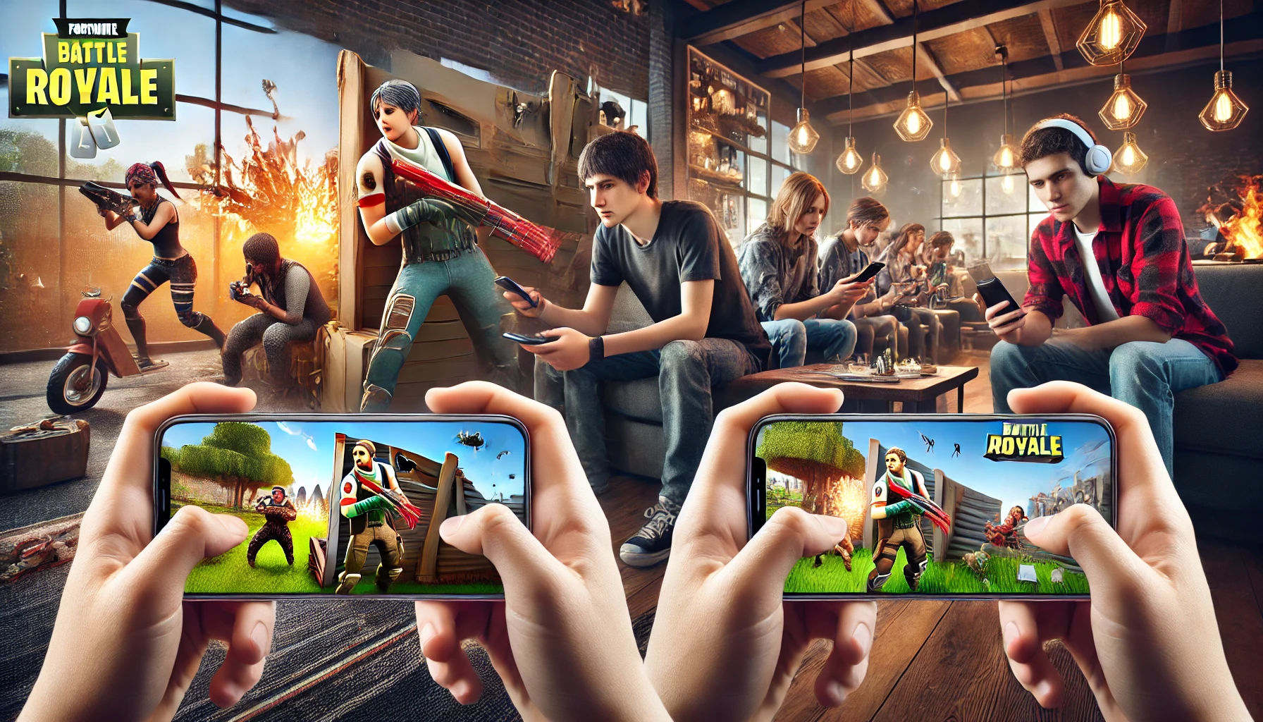 a group of friends playing a multiplayer mobile game together in a modern living room. Each holds a smartphone, showing games like Minecraft or Fortnite on the screens.