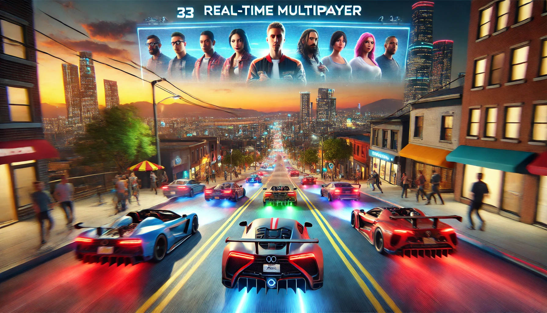 a vibrant multiplayer racing scene featuring high-performance cars speeding down a neon-lit city street at night, showcasing dynamic lighting and intense competition.