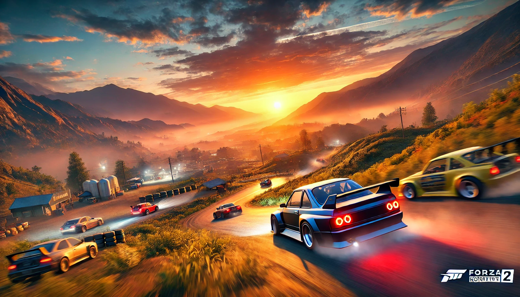 an open-world racing game featuring customized cars racing through a scenic landscape of mountains and valleys during a vivid sunset.