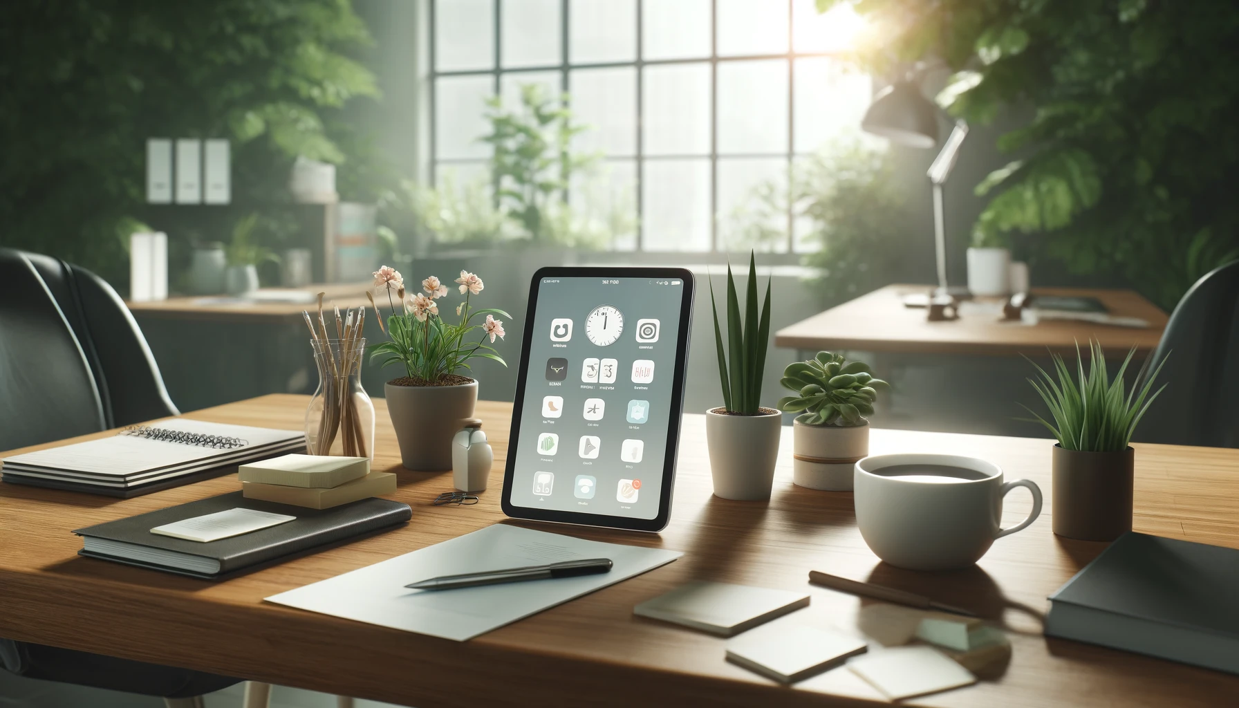 A serene workspace with a focus on time management apps on a tablet device