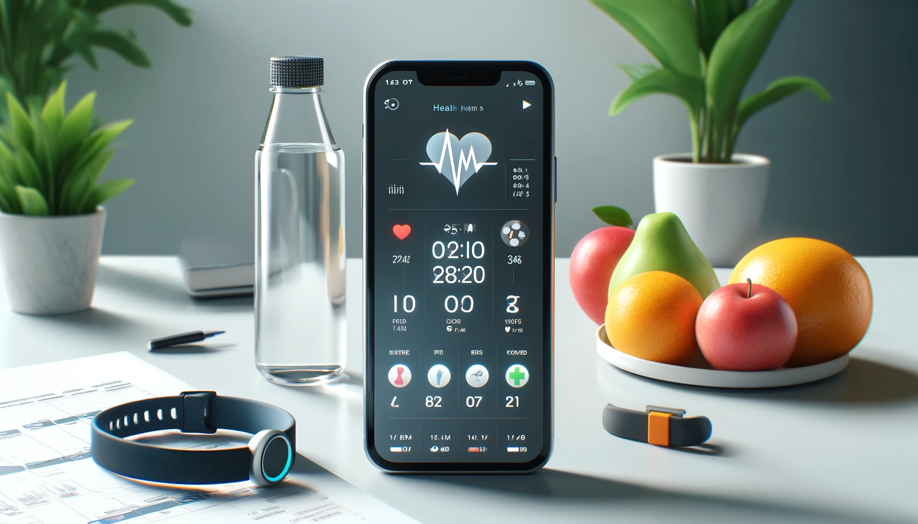 a modern digital health dashboard on a smartphone, displaying various health metrics such as heart rate, calorie intake, and step count.