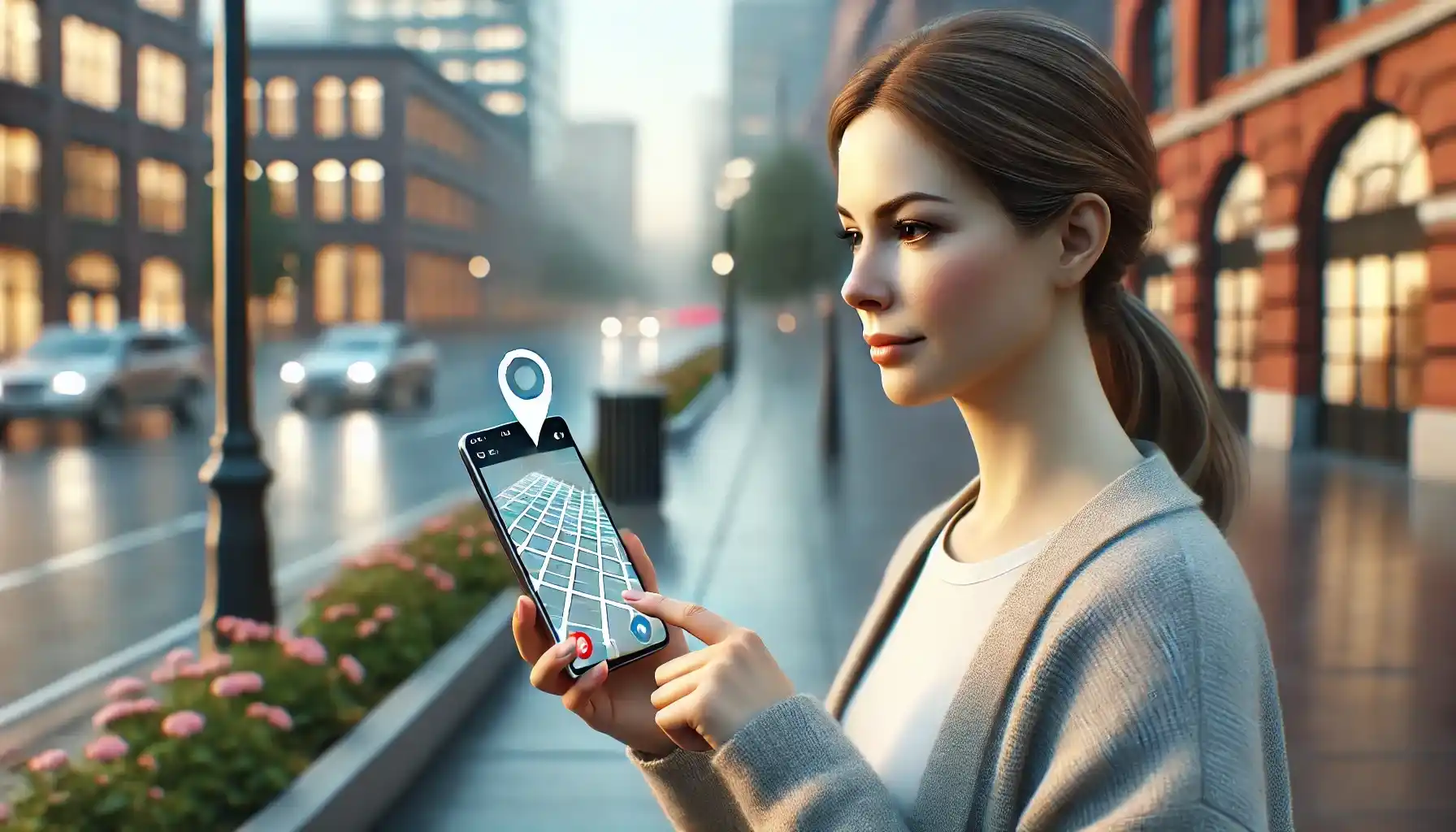 A woman is standing on a city sidewalk, attentively looking at her smartphone screen to find out where her kid is.